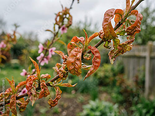Peach leaf curl disease (Taphrina deformans) on a tree branch in the garden.