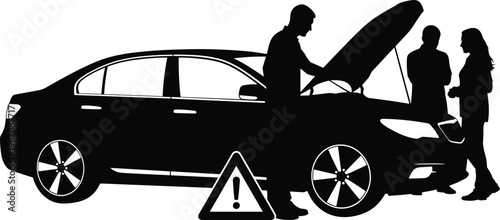 Car breakdown scene, roadside assistance concept, mechanic checking vehicle engine, emergency repair service, warning sign, transport problem, black white silhouette illustration