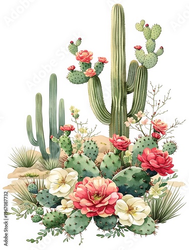 Watercolor illustration of desert cactus with blooming flowers. Artistic botanical drawing of succulent plants in sand. Floral composition for invitation, greeting card and decoration.