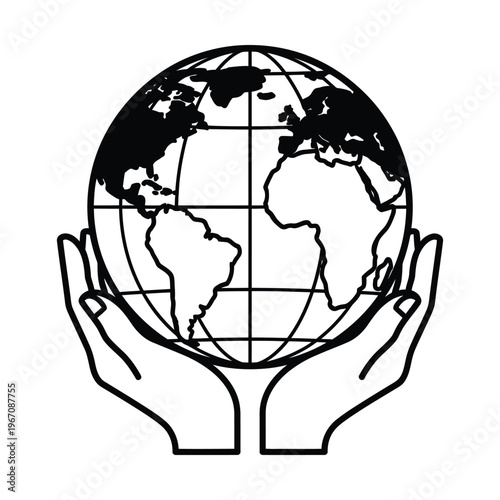 Outline illustration of two cupped hands gently holding a detailed globe showing continents and grid lines, symbolizing global care and environmental protection.
