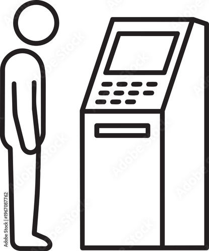 Person silhouette waiting in line next to automated teller machine terminal linear icon stroke vector illustration