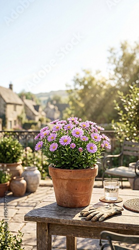 Pink flowers in a terracotta pot on a wooden garden table in a sunny patio.