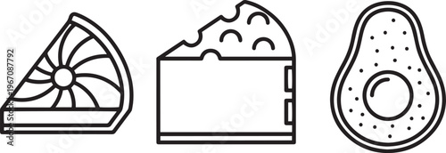Food Icons with Slice of Pie, Cake and Avocado