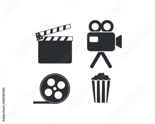 Cinema and Movie Icons Set with Clapperboard, Film Reel, Camera, and Popcorn Vector
