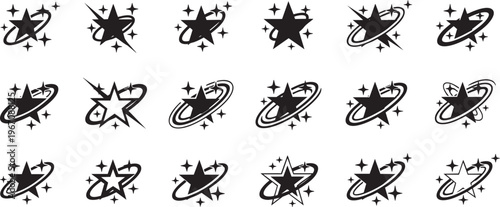 Black and White Star Icons with Orbiting Rings and Sparkles