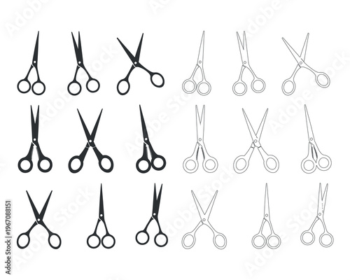 Scissors Vector Icons Set: Black and Gray Cutting Tools Collection
