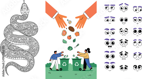 Vector illustration set with detailed snake drawing, recycling waste sorting concept, falling food scraps composting, and cartoon eye expressions