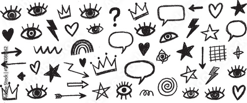 Hand-Drawn Charcoal Doodle Icons Set: Hearts Stars Eyes