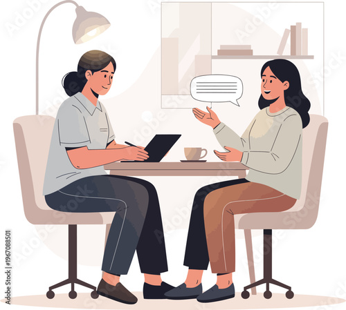 Two women in a meeting discussing ideas.