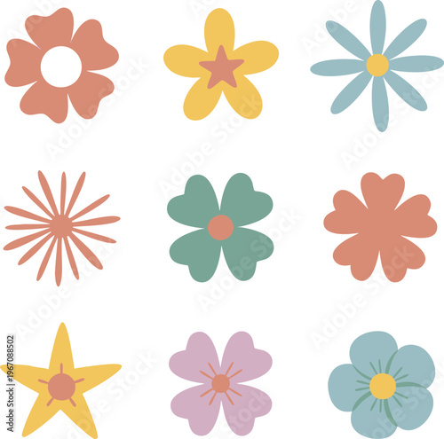Retro Boho Floral Illustrations Set - 9 Minimalist Flower Icons