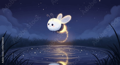 A cartoon firefly hovers over water.