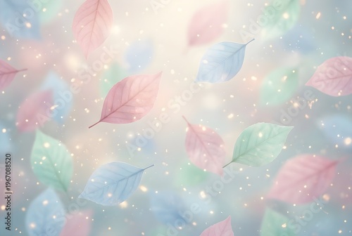 Floating Pastel Leaves on Soft Blurred Background, Dreamy Ethereal Nature Scene