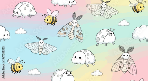 Whimsical illustration of insects and clouds.