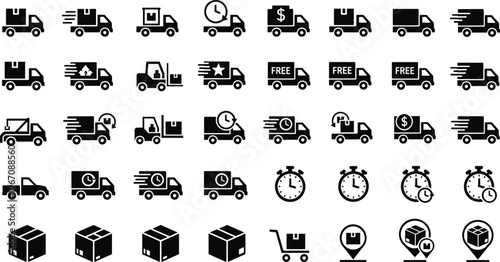 Delivery truck icons set, logistics shipping symbols, courier service illustration, package transport signs, fast delivery concept, e commerce logistics, black white vector