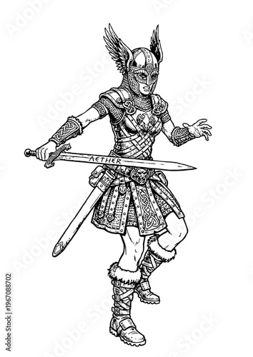 Valkyrie Warrior Woman with Winged Helmet and Sword – Norse Mythology Female Fighter Line Art Vector