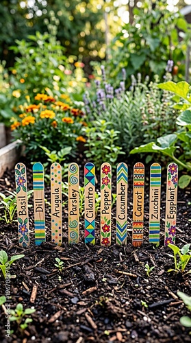 Colorful Hand-Painted Wooden Garden Markers for Herbs and Vegetables on Linen Background