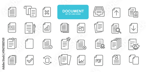 Document icons set. Web line icons collection related file, paper. Editable stroke