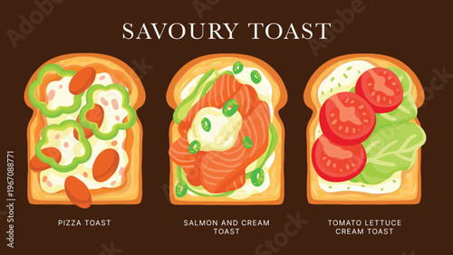 Toast salmon tomato avocado bread breakfast hand drawn set vector