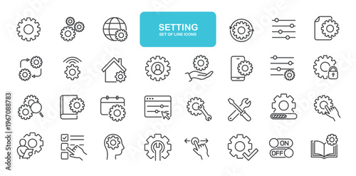 Setting icons set. Web line icons collection related setup, repair. Editable stroke