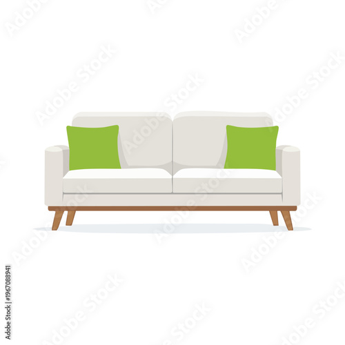 Modern white sofa with green cushions isolated on white background