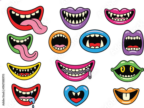 Collection of Colorful Cartoon Monster Mouths and Lips Stickers