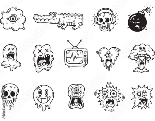 Surreal Hand Drawn Black and White Doodle Monsters and Characters