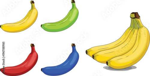 Colorful Banana Vector Illustration Set Featuring Yellow Green Red Blue Bananas and Bunch Isolated Creative Tropical Fruit Collection