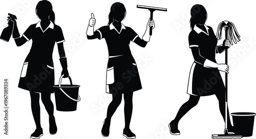 Cleaning lady silhouettes, housekeeping staff illustration, janitor women workers, professional cleaning service concept, hygiene maintenance tools, domestic work, black white graphic