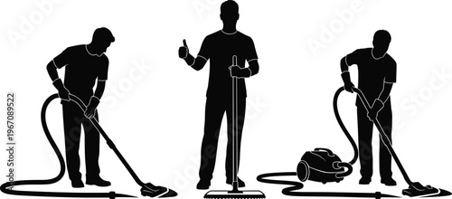 Cleaning service silhouettes, vacuum cleaner workers illustration, housekeeping concept, professional janitor staff, home cleaning equipment, maintenance work, black white graphic design