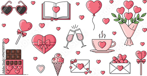 Cute Valentine Love Icon Set Featuring Hearts Balloons Chocolate Coffee Flowers and Romantic Elements for Greeting Cards and Holiday Design