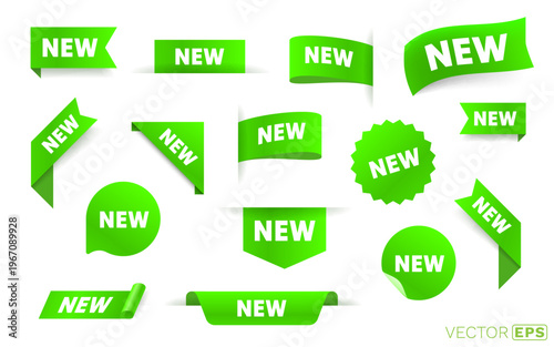 A set of bright green NEW tags, labels, and banners, ideal for highlighting new products or announcements.