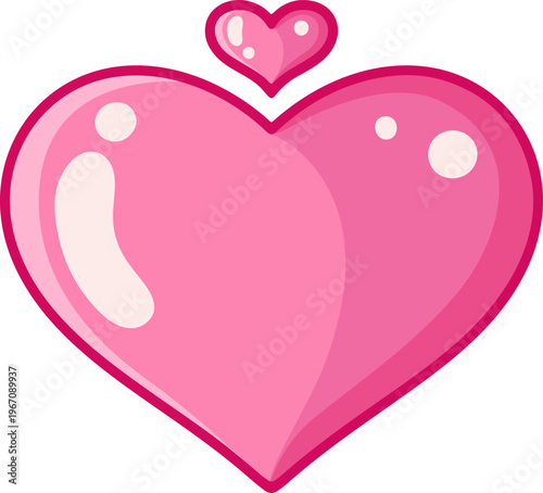 Cute kawaii pink hearts. Small heart above big one. Simple shapes and playful composition, for love themes, stickers, cards. Simple vector color illustration with outline isolated on white