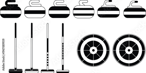 Curling sport equipment silhouettes set with stones, brooms and targets isolated on white background, winter game illustration collection design