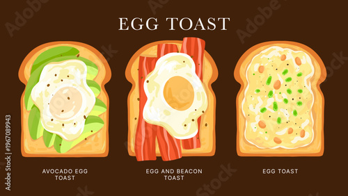 Egg beacon avocado toast bread breakfast hand drawn set vector