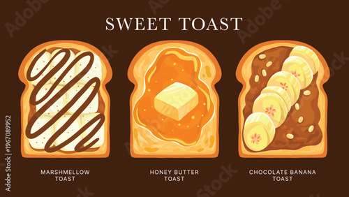 Sweet toast marshmellow banana chocolate honey butter bread breakfast hand drawn set vector
