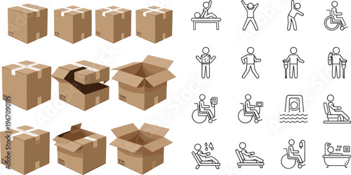 Vector illustration set with cardboard shipping boxes in different open and closed states and accessibility disability lifestyle line icons collection