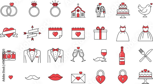 Wedding Love Icon Set Featuring Rings Bride Groom Cake Champagne Camera and Romantic Elements for Marriage Invitation and Celebration Design
