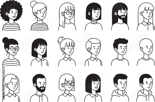 Diverse Set of Minimalist Line Art Avatar Icons for UI Design