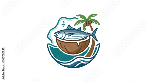 Tuna Fish on Coconut in Tropical Island Logo