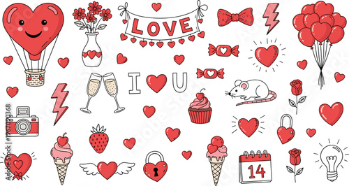 Cute Love Themed Doodle Icon Set Featuring Hearts Balloons Gifts Cupcakes Camera and Romantic Elements for Valentine Celebration Design