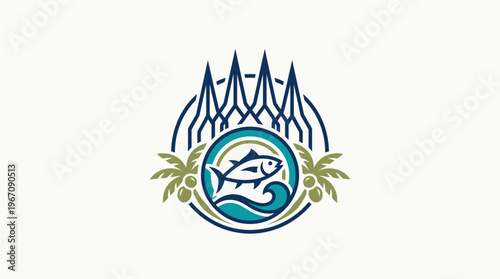 Elegant Seafood Logo Design with Fish and Palm Trees