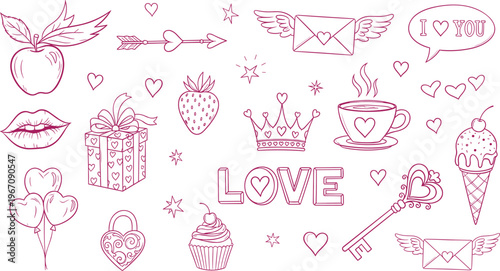 Romantic Love Line Art Icon Set Featuring Hearts, Gift Box, Crown, Key, Coffee Cup, Strawberry, Wings, and Valentine Doodle Elements Collection