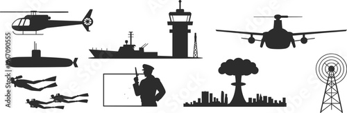 Military defense icons set, war equipment silhouettes, aerospace weapon illustration, communication tower graphic, submarine vector artwork, nuclear warfare concept