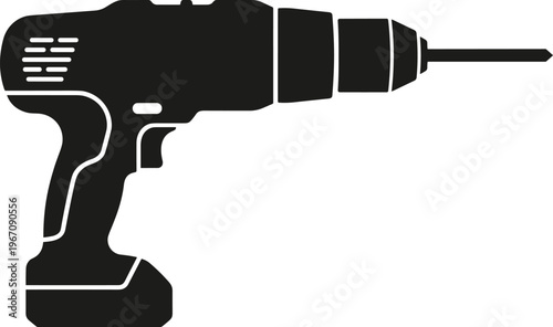 Minimal vector silhouette, handheld drill machine, simple flat design, solid black, isolated on white background.