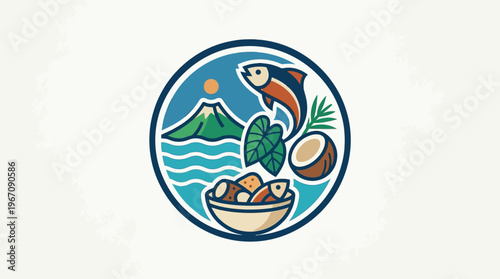 Stylized Logo with Mountain Ocean Fish Coconut and Taro Roots