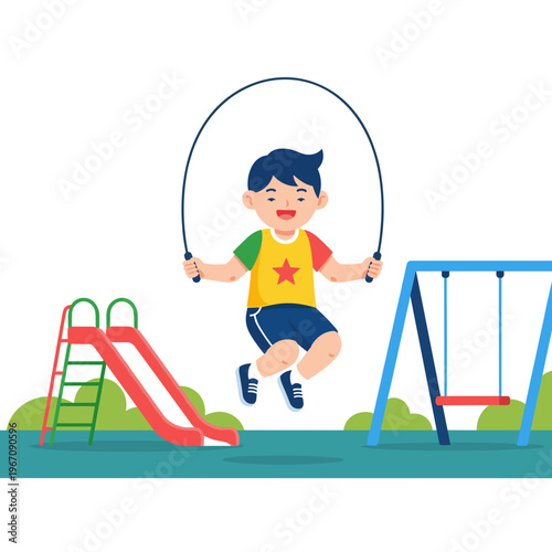 Chinese boy jumping rope in playground with slide and swing  