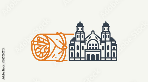 Jewish Synagogue and Scroll Symbolizing Torah