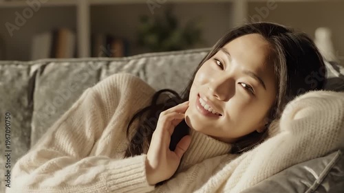 Young Woman Relaxing on Sofa in Cozy Sweater, Enjoying Sunlight and Peaceful Moment
