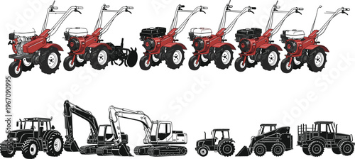 Agricultural machinery vector illustration set with walking tractors, excavator, farm tractor, dump truck, and construction equipment silhouettes