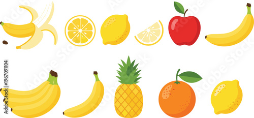 Fresh Fruits Vector Illustration Set Featuring Banana Lemon Apple Pineapple Orange and Citrus Collection Isolated Colorful Food Design